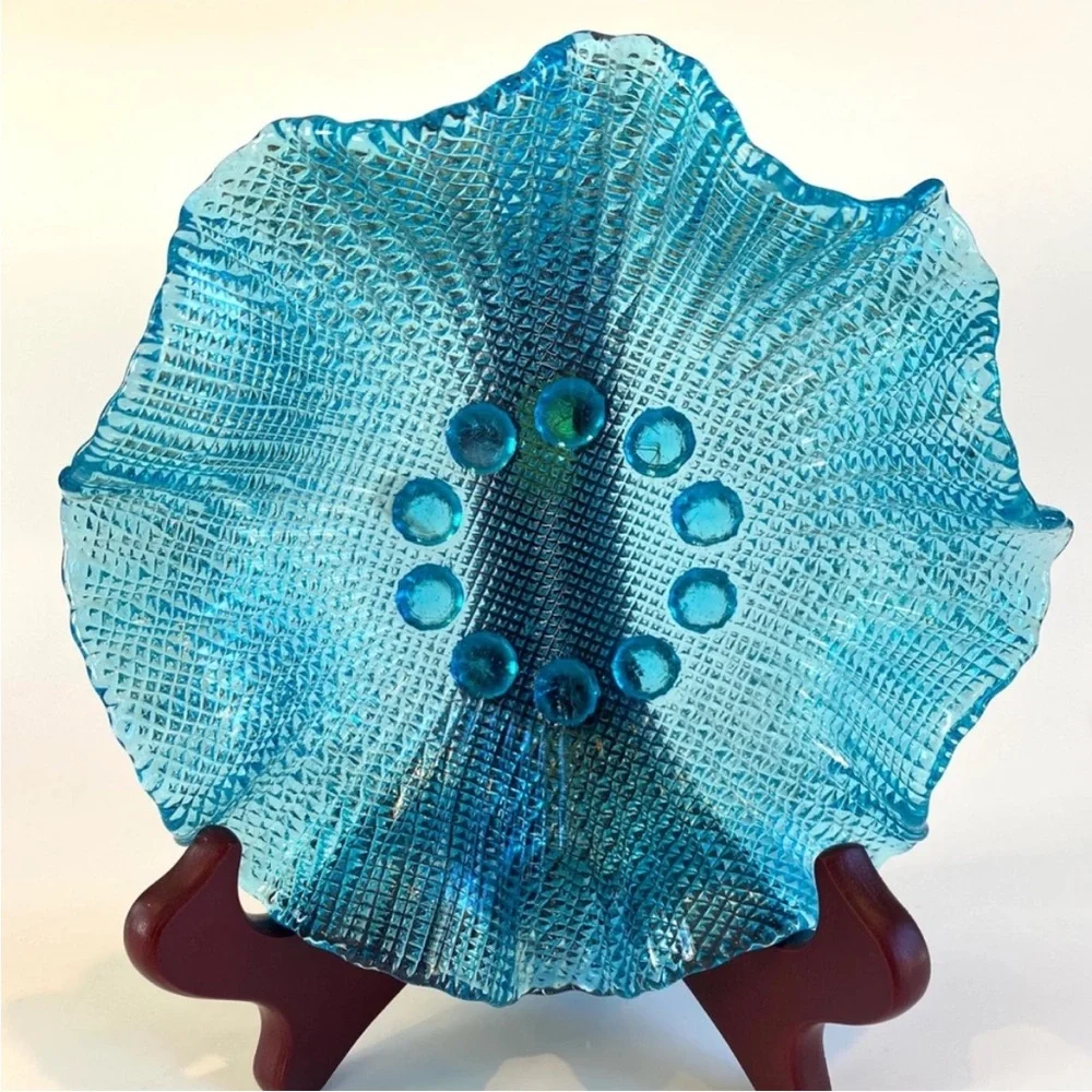 Vintage Italian Colony Waffle Ruffled Glass Dessert Bowls 1960s - Blue